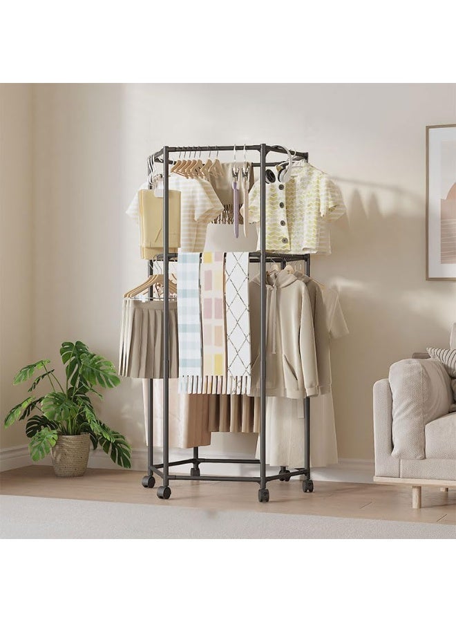 أديلي علاقة ملابس بعجلات بطبقتين، رف ملابس محمول لتعليق الملابس، تصميم سداسي متين متعدد الاستخدام لغرفة النوم وغرفة المعيشة - Image 4